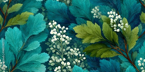 Leafy Canopy: A close-up of an intricate pattern of leaves and small white flowers, showcasing a blend of natural textures and an artistic aesthetic.