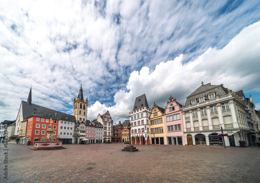 Fototapeta premium Summer skyline cityscape of Trier, Rhineland-Palatinate, Moselle, Germany. Wide panoramic view of Hauptmarkt (central market square) and city landmarks