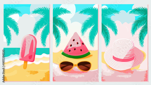 Three summer themed illustrations showing a popsicle, watermelon with sunglasses, and a sun hat on a beach scene