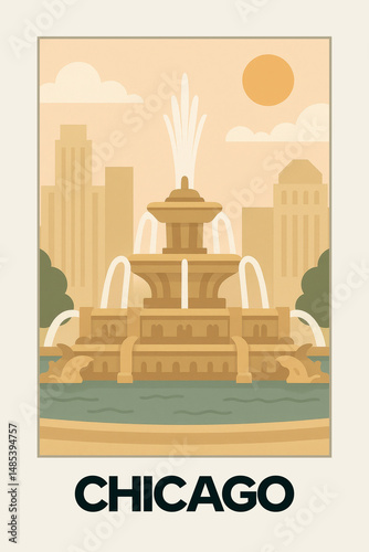 Chicago Travel Poster – Flat Design Illustration of Buckingham Fountain with Water Jets and Skyline in Minimalist Pastel Style on White Background