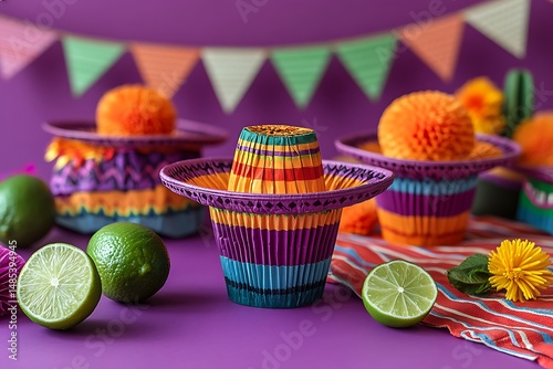 Colorful mexican fiesta decorations with limes and party garland on purple background
