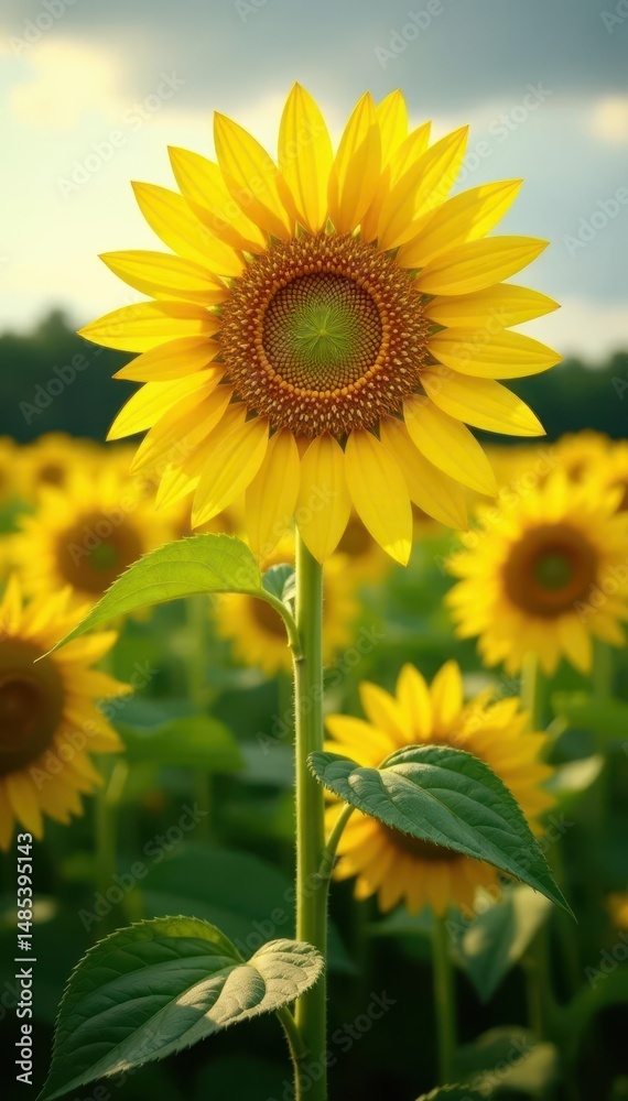 Fototapeta premium Majestic sunflower, towering stem, intense yellow hue, soft focus background, majestic, intense color