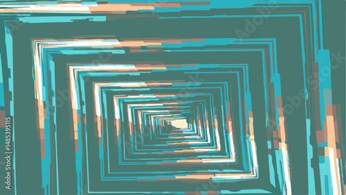 Abstract concentric squares tunnel with teal and beige hues creating a geometric perspective view