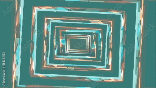 Abstract concentric squares in shades of teal and brown creating a tunnel like perspective view effect