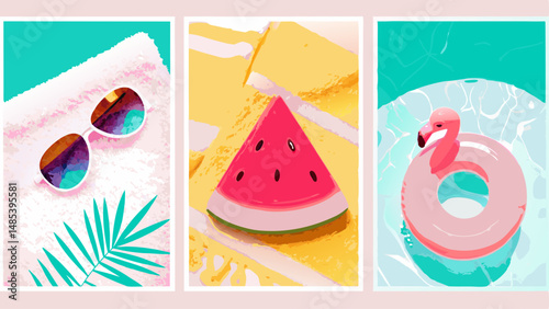 Three summer themed images showing sunglasses, watermelon slice and flamingo float in a pool scene