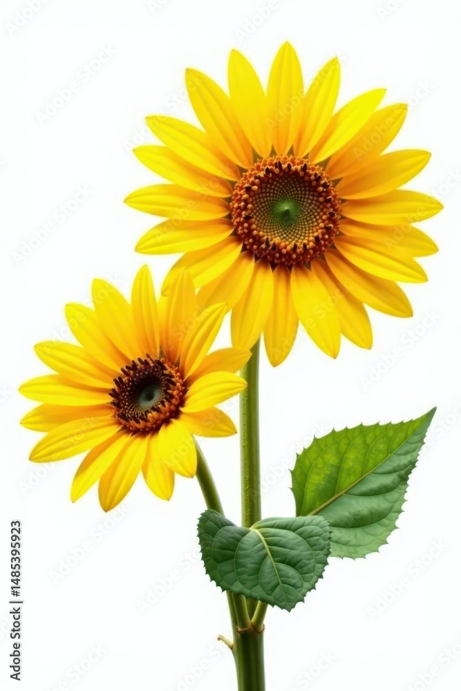 Obraz premium Two large sunflowers, fully bloomed, against pure white, sunny, cheerful, stem