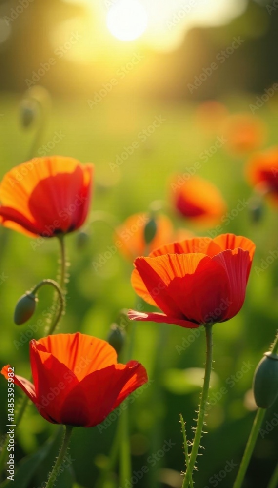 Obraz premium Vibrant red poppies sway gently in a sun-drenched meadow , floral background, field of poppies