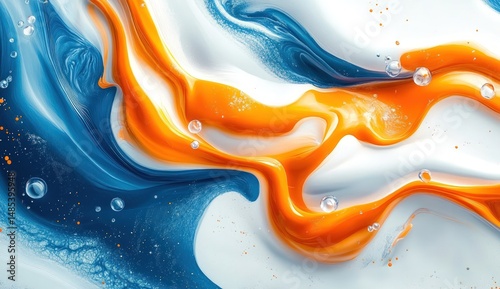 Abstract paint swirls in white, blue, and orange
