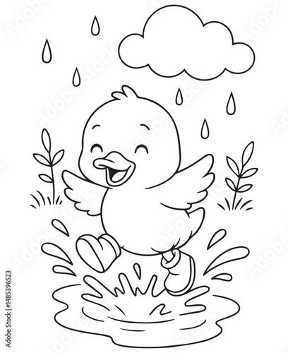 Coloring book duck in boots joyfully splashes in a puddle under the falling rain
