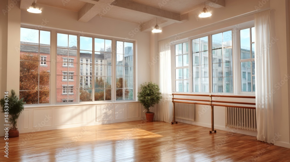 Fototapeta premium Empty Dance Studio with Large Windows and Wooden Floor