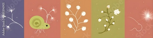 Whimsical Array: A series of whimsical illustrated panels, depicting a gentle snail alongside delicate plants and ethereal botanical forms, set against a spectrum of soft, inviting color palettes.