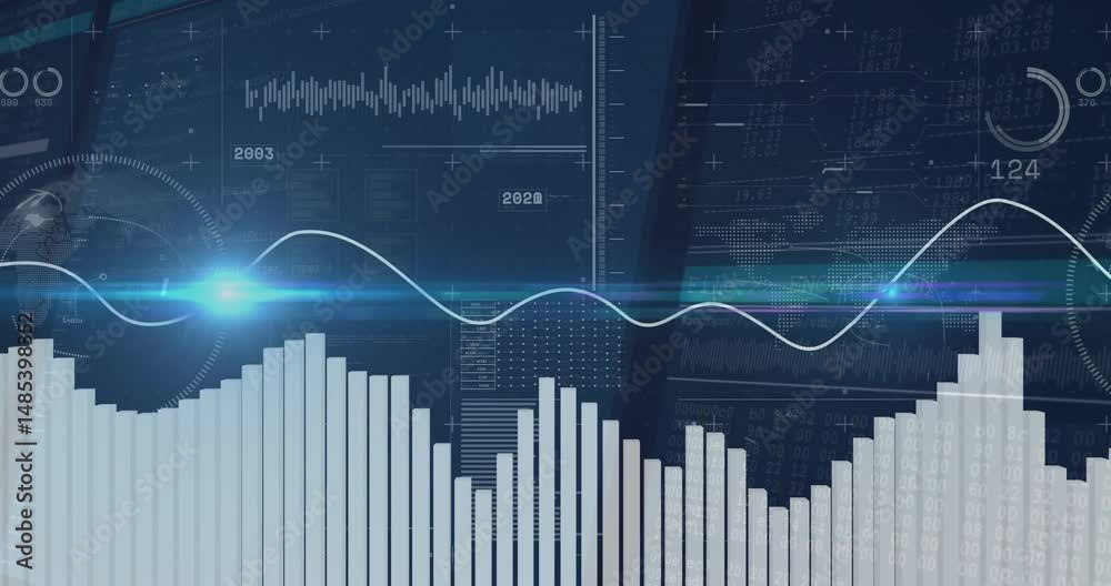 Dashboard displaying glowing curved line graph and bar charts with ...
