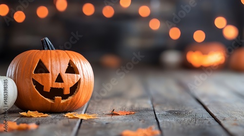 Carved Pumpkin on Wood with Autumnal Decor