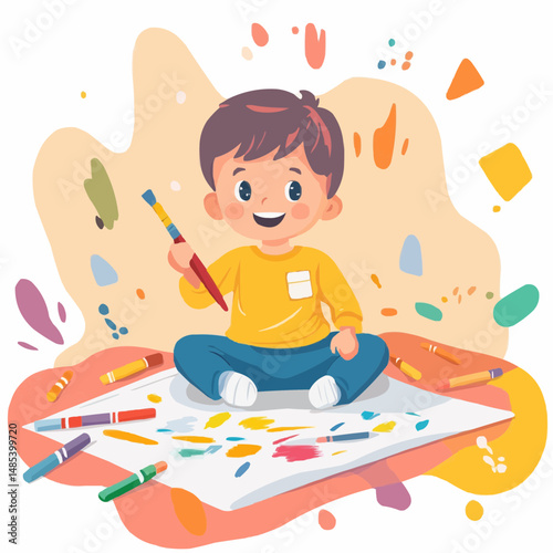 Vector illustration of a toddler holding a paintbrush and drawing on paper in a cozy room, perfect for educational materials, kids’ development apps, and creative parenting content