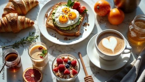 Wallpaper Mural Ultra-realistic overhead shot of a luxury breakfast spread featuring golden-brown croissants with flaky layers, avocado toast topped with poached eggs and chili flakes Torontodigital.ca