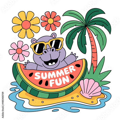 cartoon hippo Summer Vibes vector Illustration