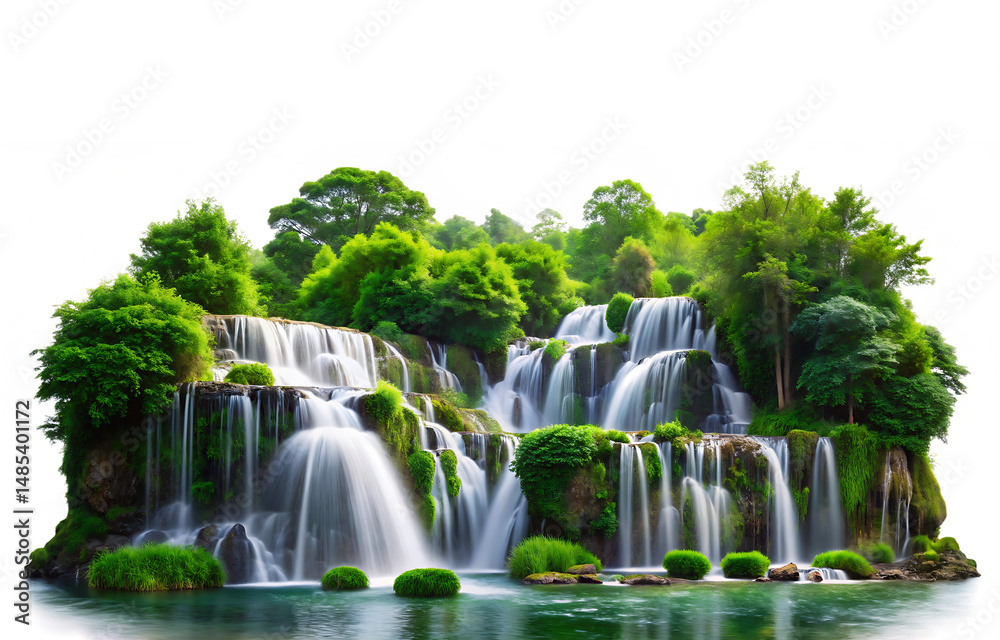 Naklejka premium Majestic waterfall cascading down rocky terrain surrounded by lush greenery and serene water