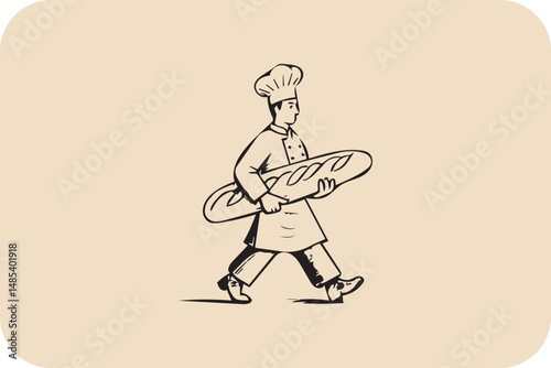 Baker Walking with a Long Loaf of Bread Illustration