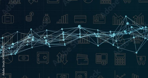 Glowing light-blue network graph being animated across blueprint grid, with faint financial icons