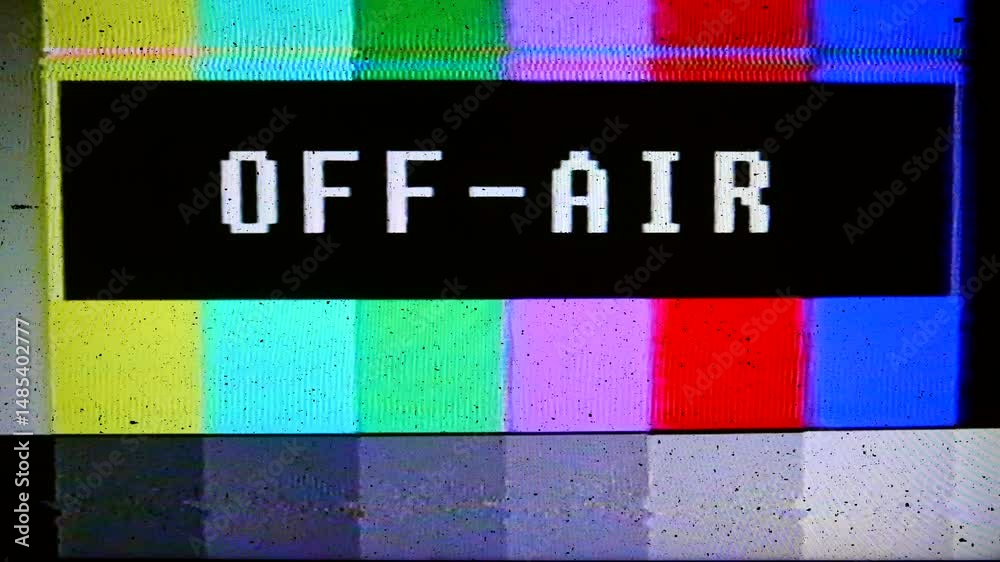 Color bars test broadcast pattern with the text off-air and static. All original elements manipulated on damaged analog tape, captured with a 4K camera.