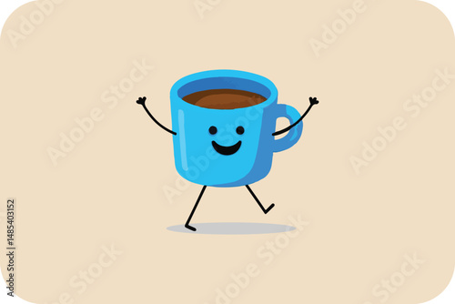 Happy Blue Coffee Cup Cartoon Character Jumping with Joy