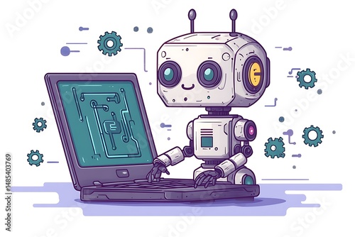 Cute cartoon robot programming on a laptop depicting modern technology and artificial intelligence