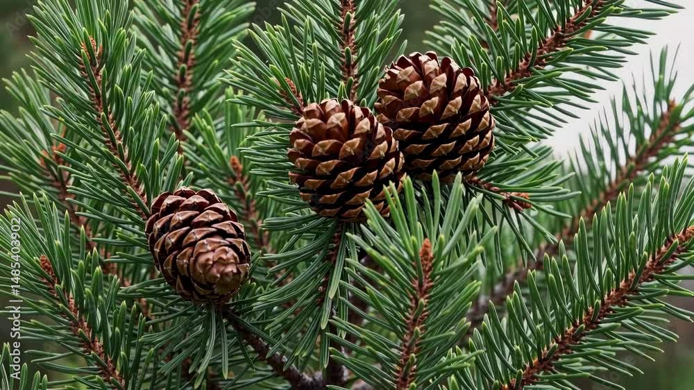 Close-up of pine tree branches with brown cones among green needles, natural winter forest foliage captured in sharp detail under soft light Close-up of pine tree branches with brown cones among green needles, natural winter forest foliage captured in sharp detail under soft light