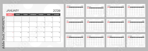 2026 monthly blank red calendar planner with week starts on Sunday