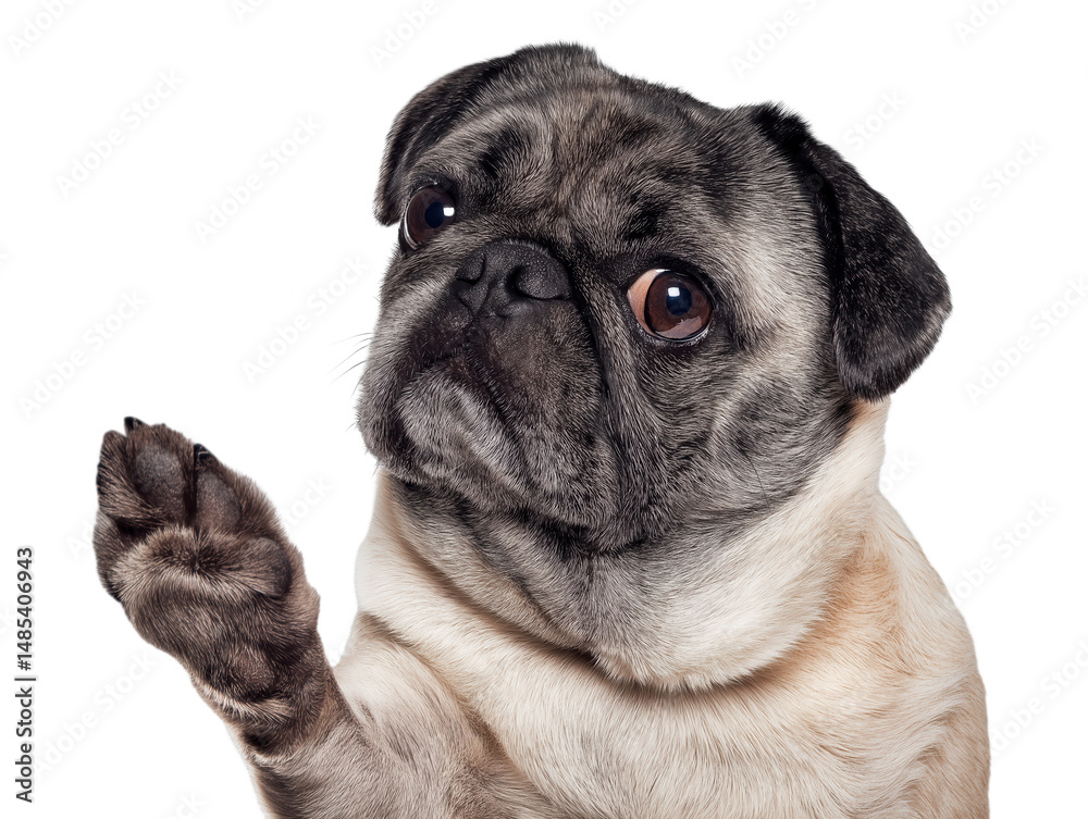 Fototapeta premium Close-up portrait of a pug with raised paw on transparent background