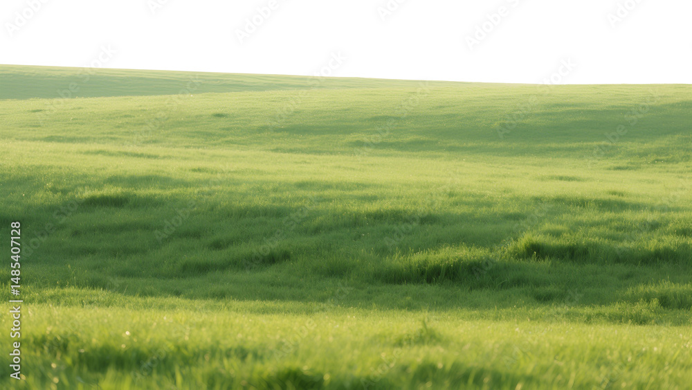 Obraz premium Vast green meadow and golden wheat field under a bright blue summer sky with fluffy white clouds touch the distant horizon in a peaceful rural landscape