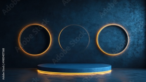 Dark, modern, illuminated pedestal with circular frames