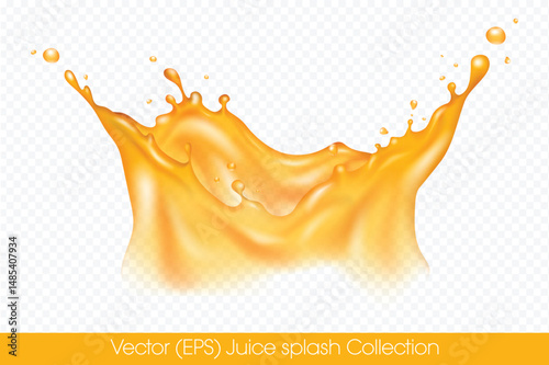 Realistic crown shaped Orange juice splash with droplets isolated on transparent background, vector (EPS) illustration. Transparent orange liquid frozen motion illustration, layered