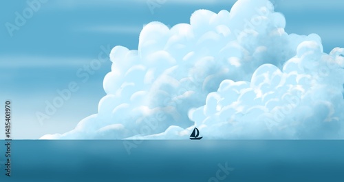 Minimalist Ocean Scene with Sailboat and Dramatic Cloudscape. Minimalist seascape art ideal for prints, backgrounds, or editorial use.