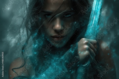Intense female warrior figure with a glowing blade.