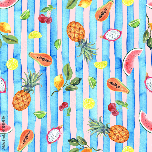 Tropical fruit on blue striped background. Watercolor summer seamless pattern, digital paper. Watermelon, pineapple, lemon, papaya, cherry, dragon fruit, peach. Stock illustration