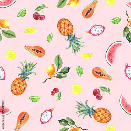 Tropical fruit watercolor summer seamless pattern, digital paper. Watermelon, pineapple, lemon, papaya, cherry, dragon fruit, peach. Stock illustration