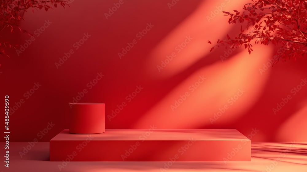 Obraz premium Red Podium Display Background with Leaves