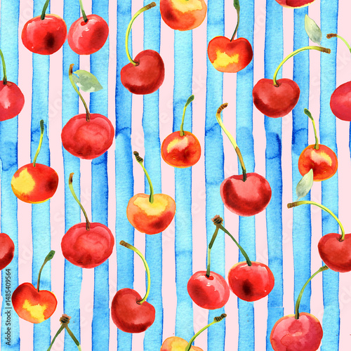Yellow, red cherry on blue striped background. Watercolor summer fruity seamless pattern, digital paper. Stock illustration

