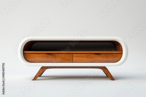 Mid-century modern low media console with curved white body and two wooden drawers