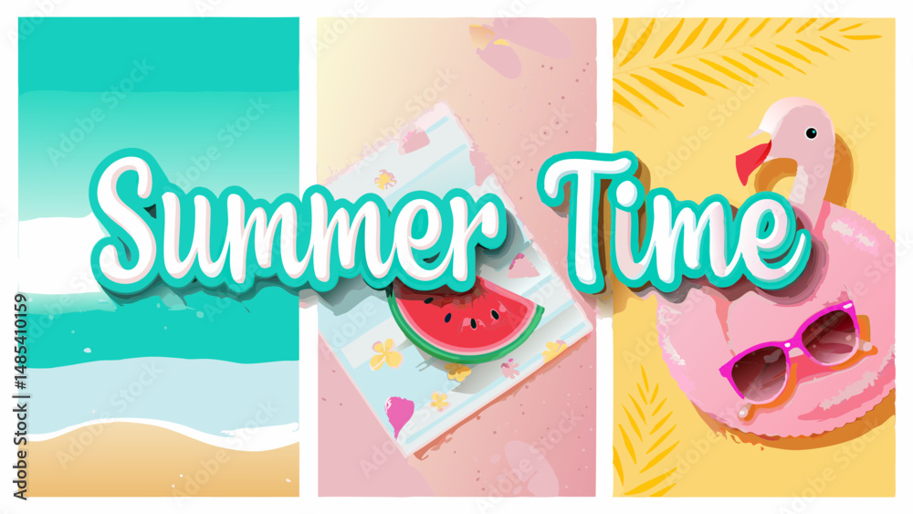 Naklejka premium Collage of summer themed images featuring a beach, watermelon, flamingo and sunglasses, all vibrant colors