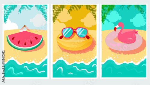 Illustrations of summer beach scenes with watermelon, sunglasses, and flamingo float on beach sand art prints