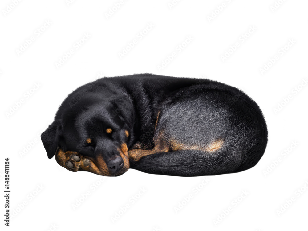 Fototapeta premium Black dog with brown markings sleeping on transparent background