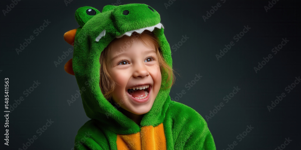 Fototapeta premium Happy child wearing plush dinosaur costume on solid background.