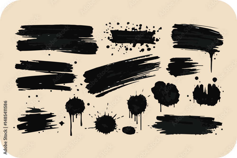 Collection of Black Ink Splats and Brush Strokes for Design Elements