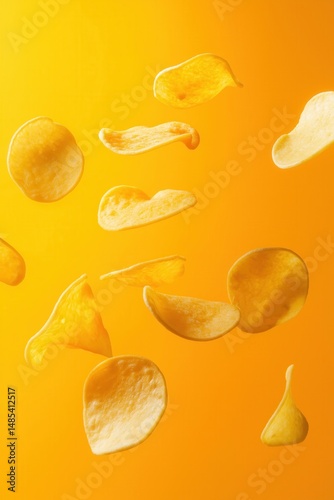 Tasty potato chips flying on gradient yellow background.
