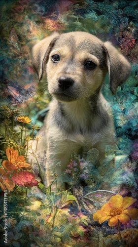 A puppy surrounded by vibrant floral and faunal elements.