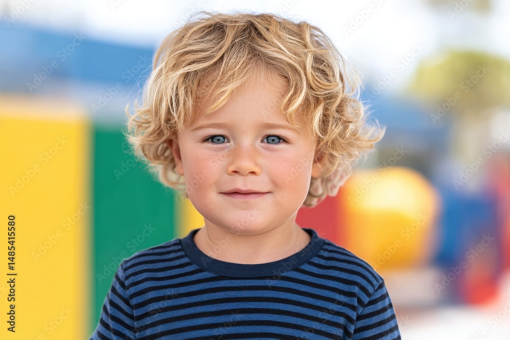 Joyful young boy with curly hair smiling confidently against a vibrant playground background showcasing bold primary colors and charismatic innocence beautifully captured in a playful moment Joyful young boy with curly hair smiling confidently against a vibrant playground background showcasing bold primary colors and charismatic innocence beautifully captured in a playful moment