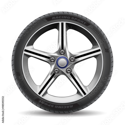 Realistic aluminum car wheel with tire style sport racing on white background vector