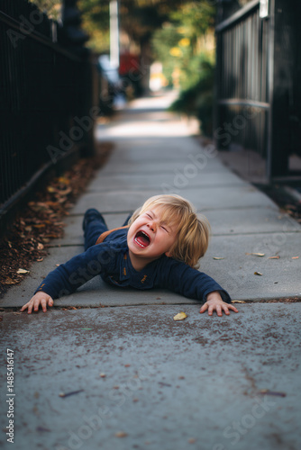Toddler having a temper tantrum on the street. Sad child screaming in anger in public. Kid misbehaving crying loudly.