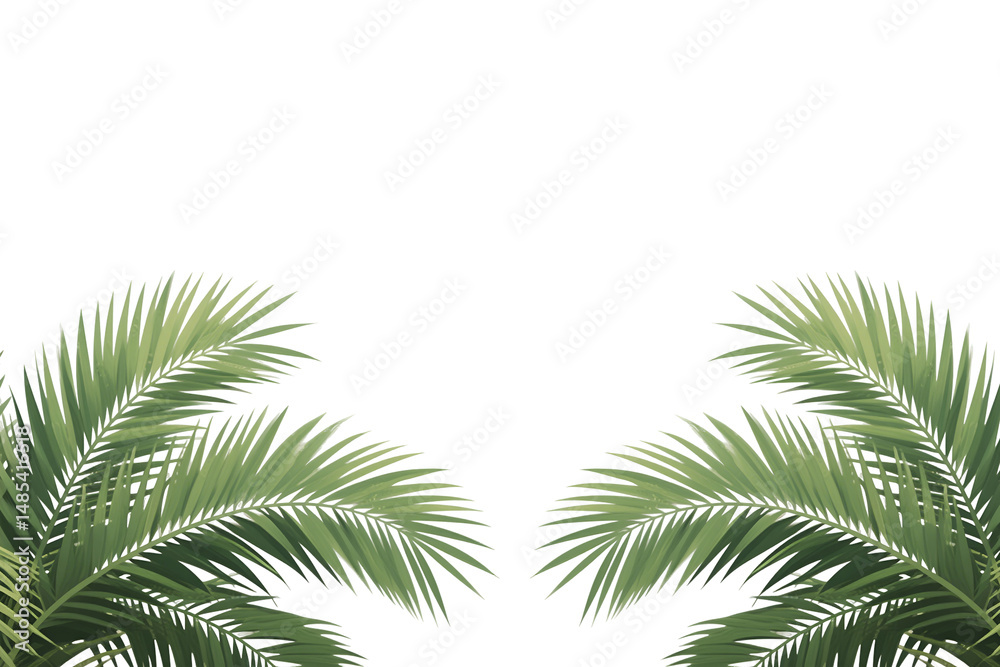 Fototapeta premium Isolated against white, a green tropical palm leaf, a natural branch from a palm tree, showcases its exotic foliage